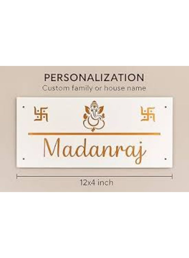 EMAAZZ LLC Customized White Acrylic Name Plate with Lord Ganesha & Swastik | Premium Laser Cut House Name Plate for Home Entrance - Image 2